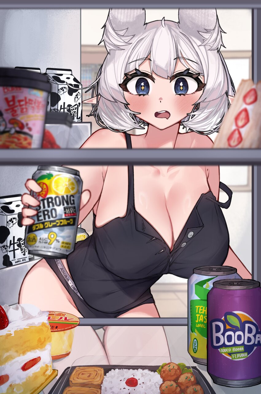 +_+ 1girl absurdres ahoge auraaa bento black_panties black_shirt blue_eyes blurry blurry_background blurry_foreground blush breasts cake cake_slice can chicken_(food) cleavage clothes_writing commentary cowboy_shot drink_can drooling english_commentary food fried_chicken gluteal_fold hair_ears highres holding holding_can indoors large_breasts leaning_forward lorel_(auraaa) milk_carton mole mole_on_armpit mouth_drool no_pants omelet open_mouth original panties partially_unbuttoned pointy_ears pudding refrigerator_interior rice shirt short_hair sleeveless sleeveless_shirt soda_can solo standing strap_slip strawberry_shortcake strong_zero tamagoyaki thick_eyelashes underwear underwear_writing white_hair
