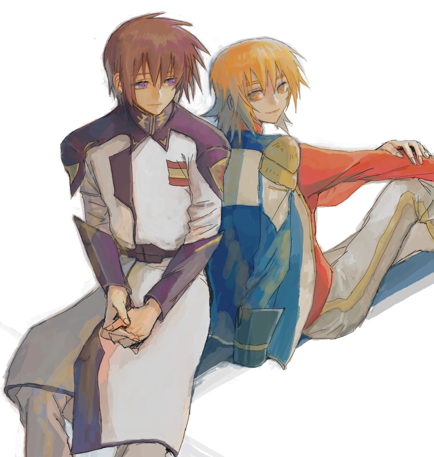 1boy 1girl back-to-back blonde_hair brother_and_sister brown_hair cagalli_yula_athha gundam gundam_seed highres jacket jacket_on_shoulders kira_yamato medium_hair military_jacket military_uniform pants purple_eyes she_(morianosu) shirt short_hair siblings simple_background sitting smile white_background white_jacket yellow_eyes