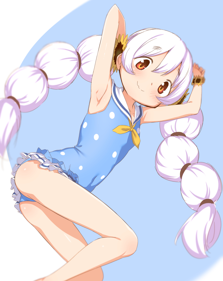1girl abstract_background abutomato armpits arms_up blue_one-piece_swimsuit blush brown_eyes feet_out_of_frame flat_chest flower frilled_one-piece_swimsuit frills hair_flower hair_ornament highres long_hair looking_at_viewer magia_record:_mahou_shoujo_madoka_magica_gaiden mahou_shoujo_madoka_magica mahou_shoujo_madoka_magica:_hangyaku_no_monogatari momoe_nagisa momoe_nagisa_(swimsuit_costume) multicolored_eyes one-piece_swimsuit polka_dot polka_dot_swimsuit ringed_eyes sailor_collar sailor_one-piece_swimsuit smile solo sunflower sunflower_hair_ornament swimsuit twintails very_long_hair white_hair yellow_eyes
