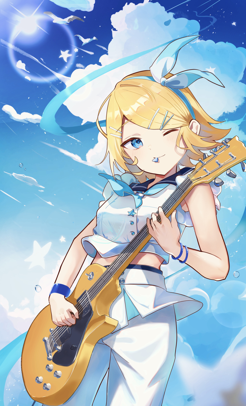 1girl absurdres bird blonde_hair blue_eyes blue_ribbon blue_sky bow bracelet bubble cloud cropped_shirt guitar hair_bow hair_ornament hairband hairclip hairpin highres holding holding_guitar holding_instrument instrument inubangarou jewelry kagamine_rin lens_flare leo/need_rin looking_at_viewer medium_hair midriff_peek multiple_hairpins official_alternate_costume one_eye_closed pants playing_guitar plectrum project_sekai ribbon short_hair short_sleeves skirt sky smile standing star_(symbol) stick_to_your_faith_(project_sekai) swept_bangs vocaloid white_pants white_skirt