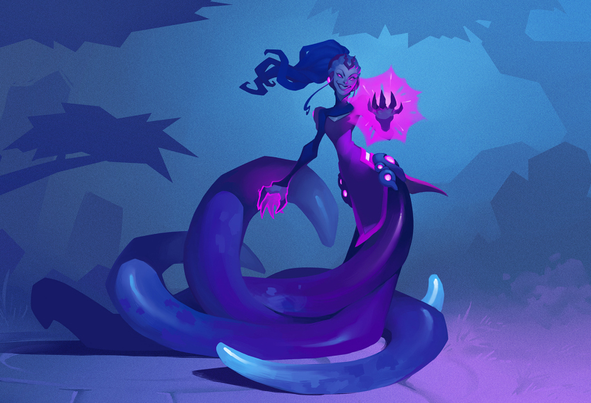 1girl alexandra_douglass blue_hair brick_floor concept_art forest gigantic_(game) glowing long_hair magic monster nature official_art production_art tentacle_hair tentacle_legs tentacle_limbs tentacles tentacles_under_clothes xenobia_(gigantic)