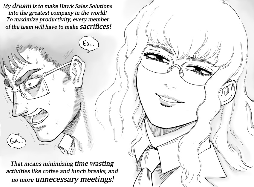 1koma 2boys absurdres alternate_costume alternate_universe androgynous bb_(baalbuddy) berserk bespectacled collared_shirt comic constricted_pupils english_text glasses greyscale griffith_(berserk) guts_(berserk) highres light_smile lips long_hair male_focus monochrome multiple_boys necktie open_mouth panicking parted_lips right-to-left_comic rimless_eyewear scar scar_on_face scar_on_nose segmented_comic shirt short_hair sweat trembling wing_collar