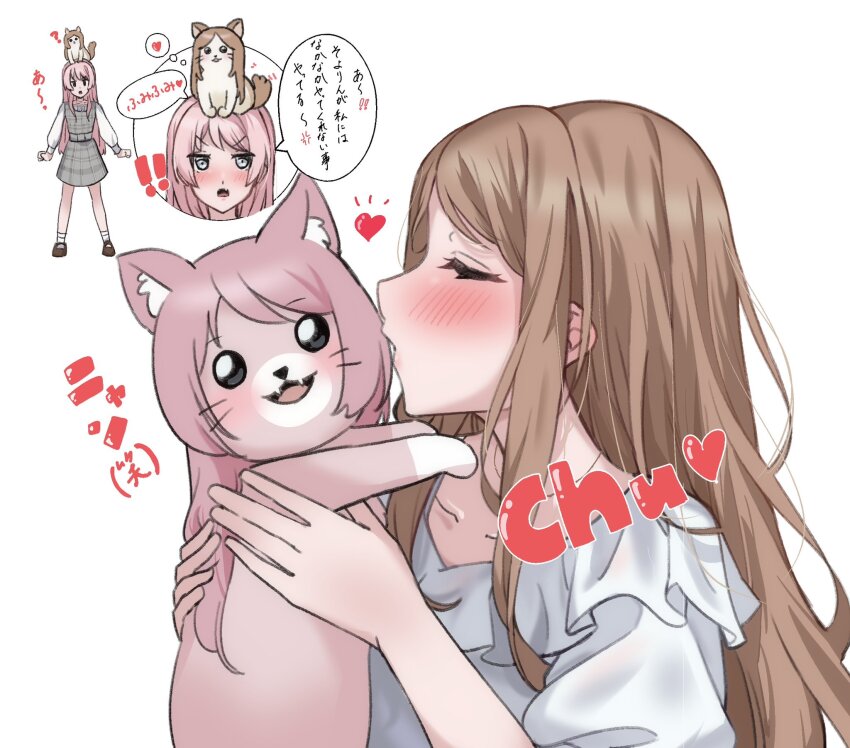 animal animal_on_head animalization bang_dream! bang_dream!_it&#039;s_mygo!!!!! blush brown_hair cat cat_day cat_on_head chihaya_anon closed_eyes commentary dress extreme_yuri_buta grey_dress heart highres kiss kissing_animal long_hair nagasaki_soyo on_head open_mouth pinafore_dress pink_hair plaid_clothes plaid_dress sidelocks simple_background sleeveless sleeveless_dress standing translation_request white_background yuri