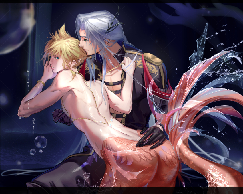 2boys abstract_background aiguillette alternate_hairstyle alternate_species alternate_universe bare_pectorals black_gloves black_jacket black_pants blonde_hair blue_background blue_eyes bracelet bubble chain chest_harness clenched_hand clothes_grab cloud_strife commentary dated english_commentary final_fantasy final_fantasy_vii fins fish_tail gloves gold_bracelet gold_chain grey_hair half_updo hand_on_another&#039;s_chest hands_up harness highres jacket jeriafterdark jewelry long_hair looking_back male_focus merman mermay_2024 military_jacket military_uniform monster_boy multiple_boys nipple_stimulation nipple_tweak open_clothes open_jacket pants parted_lips pectorals pointy_ears sephiroth sephiroth_(shinra_formal_uniform) short_hair shoulder_boards spiked_hair spread_legs tail twitter_username upper_body very_long_hair wet yaoi