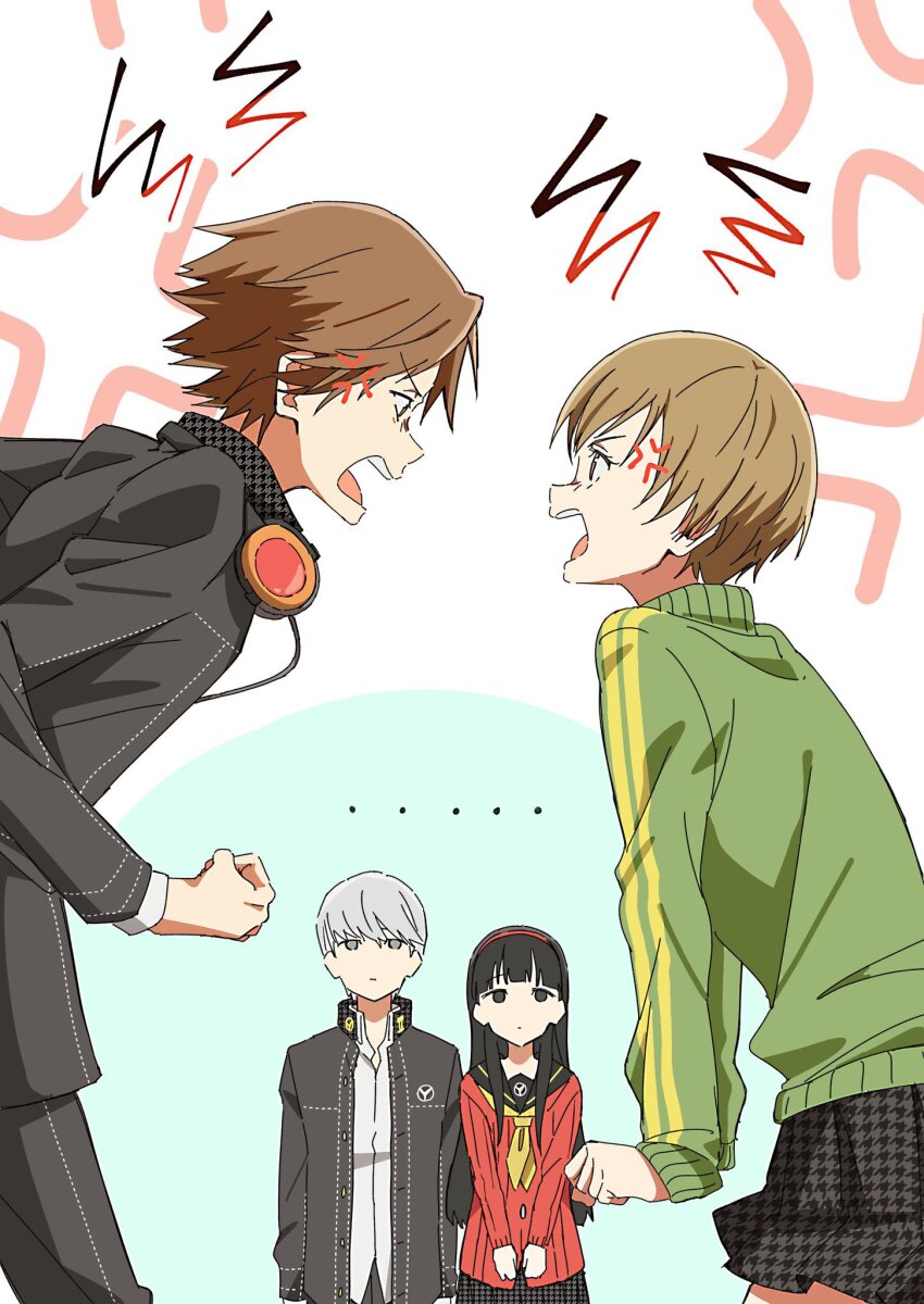 ... 2boys 2girls amagi_yukiko anger_vein black_hair black_jacket black_pants black_sailor_collar brown_eyes brown_hair clenched_hand closed_mouth collared_shirt commentary_request green_jacket hairband hanamura_yousuke headphones headphones_around_neck highres houndstooth jacket long_hair multiple_boys multiple_girls narukami_yu neckerchief open_mouth pants persona persona_4 red_hairband sailor_collar satonaka_chie school_uniform serafuku shirt short_hair simple_background skirt tansansui_udon white_shirt yasogami_school_uniform yellow_neckerchief