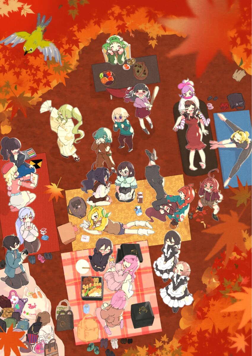 1boy 6+girls aijou_rentarou bag baio_rin baseball_bat bird blush bonnouji_momoha camera eiai_nano fan_dancing food fruit_bowl hanazono_hahari hanazono_hakari handbag haraga_kurumi harem highres holding holding_baseball_bat holding_camera holding_photo holding_sketchbook iin_chiyo inda_karane instrument juubako kakure_meme kedarui_aashii kimi_no_koto_ga_dai_dai_dai_dai_daisuki_na_100-nin_no_kanojo lap_pillow leaf lying maid maple_leaf meido_mai meido_mei momi_momiji multiple_girls music nakaji_uto ocarina omelet on_back on_stomach oyomidtarumi photo_(object) picnic picnic_basket picnic_blanket picnic_table playing_instrument rabbit reading seiza sitting sketchbook smile squirrel stuffed_animal stuffed_penguin stuffed_toy sutou_iku table tamagoyaki torotoro_kishika unworn_footwear utsukushisugi_mimimi wariza yakuzen_kusuri yakuzen_yaku yamato_nadeshiko_(hyakkano) yasashiki_yamame yoga yoga_mat yoshimoto_shizuka