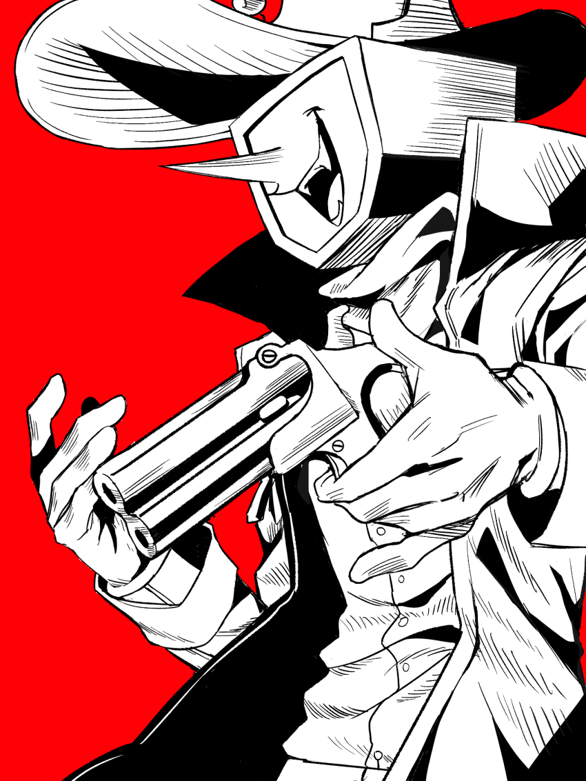 1boy ant_tenna ant_tenna_(shootout) belt cowboy_hat cowboy_shot crt deltarune fangs gloves greyscale_with_colored_background gun hands_up hat highres holding holding_gun holding_weapon iagura_gura male_focus object_head official_alternate_costume open_mouth pointy_nose scarf shirt shirt_tucked_in smile solo vest weapon