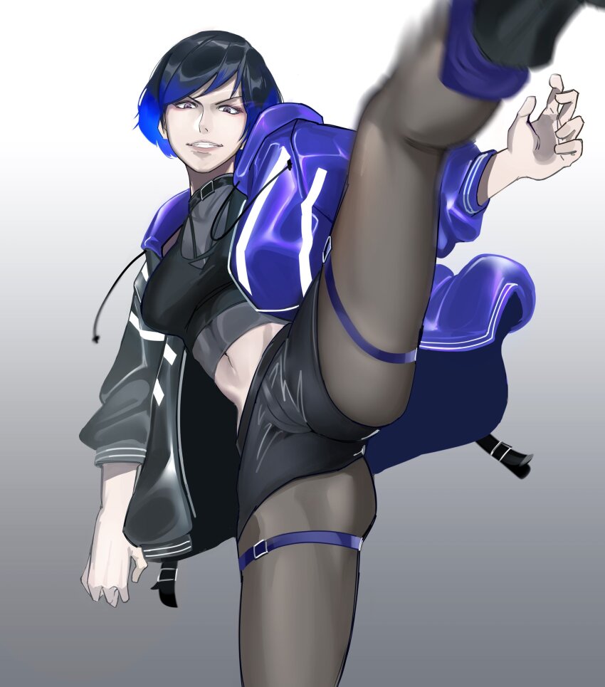 1girl absurdres athletic black_and_purple_hair highres kicking midriff namco navel purple_hair reina_(tekken) solo tekken tekken_8