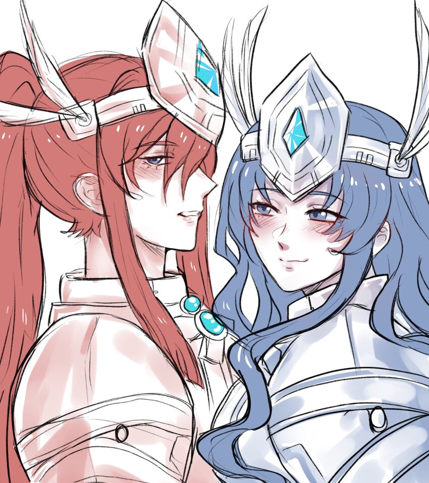 2girls armor blue_eyes blue_hair blush eiyuu_densetsu embarrassed ennea_(sen_no_kiseki) highres ines_(eiyuu_densetsu) long_hair long_sidelocks multiple_girls ponytail red_hair sen_no_kiseki_(series) shiruuruu sidelocks simple_background sketch smile white_background