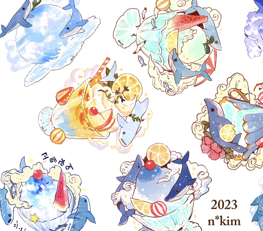 2023 artist_name berry bird cherry cup food fruit highres ice_cream korean_text mint nadia_kim orange_(fruit) orange_slice original seagull shark strawberry watermelon watermelon_slice whale whipped_cream