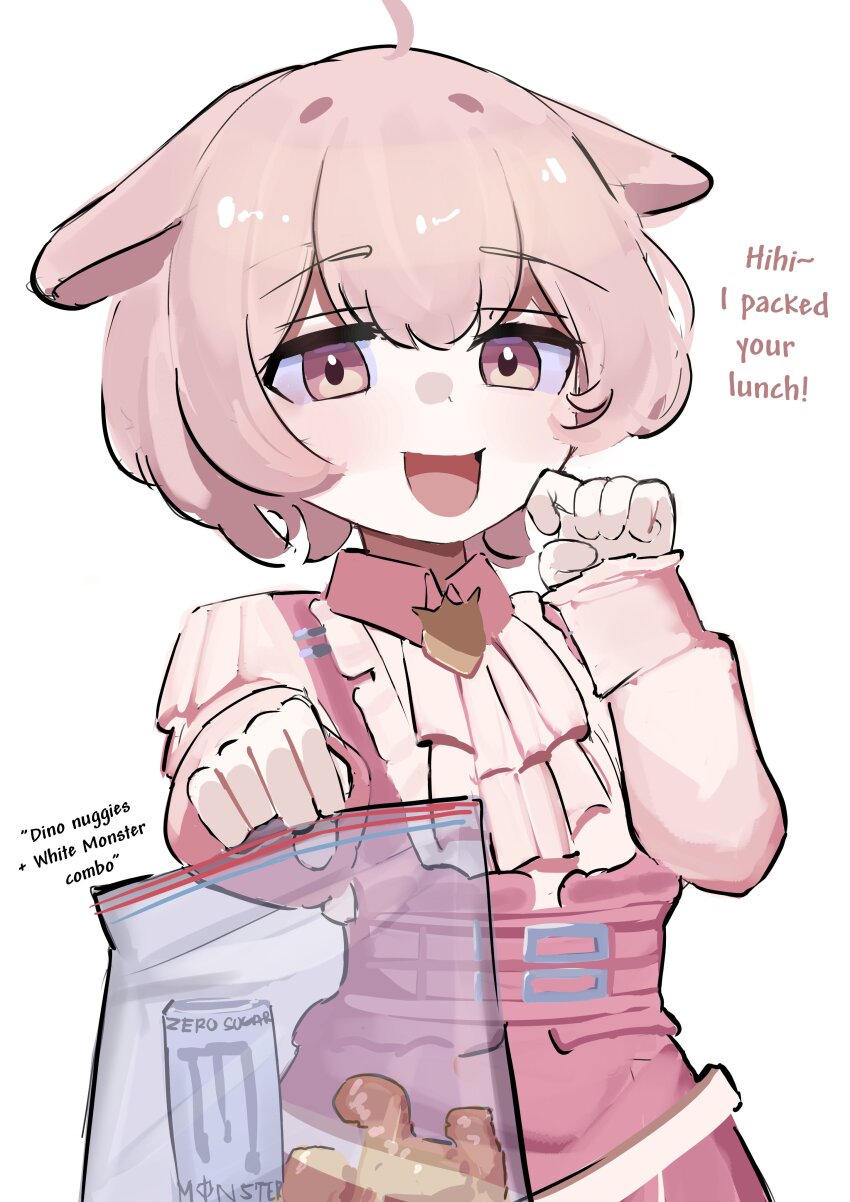 1girl absurdres ahoge alternate_costume alternate_hairstyle animal_ears bag collar highres holding holding_bag iog626 looking_at_viewer open_mouth phase_connect pink_collar pink_eyes pink_hair pink_shirt pipkin_pippa rabbit_ears rabbit_girl shirt short_hair smile solo virtual_youtuber white_background