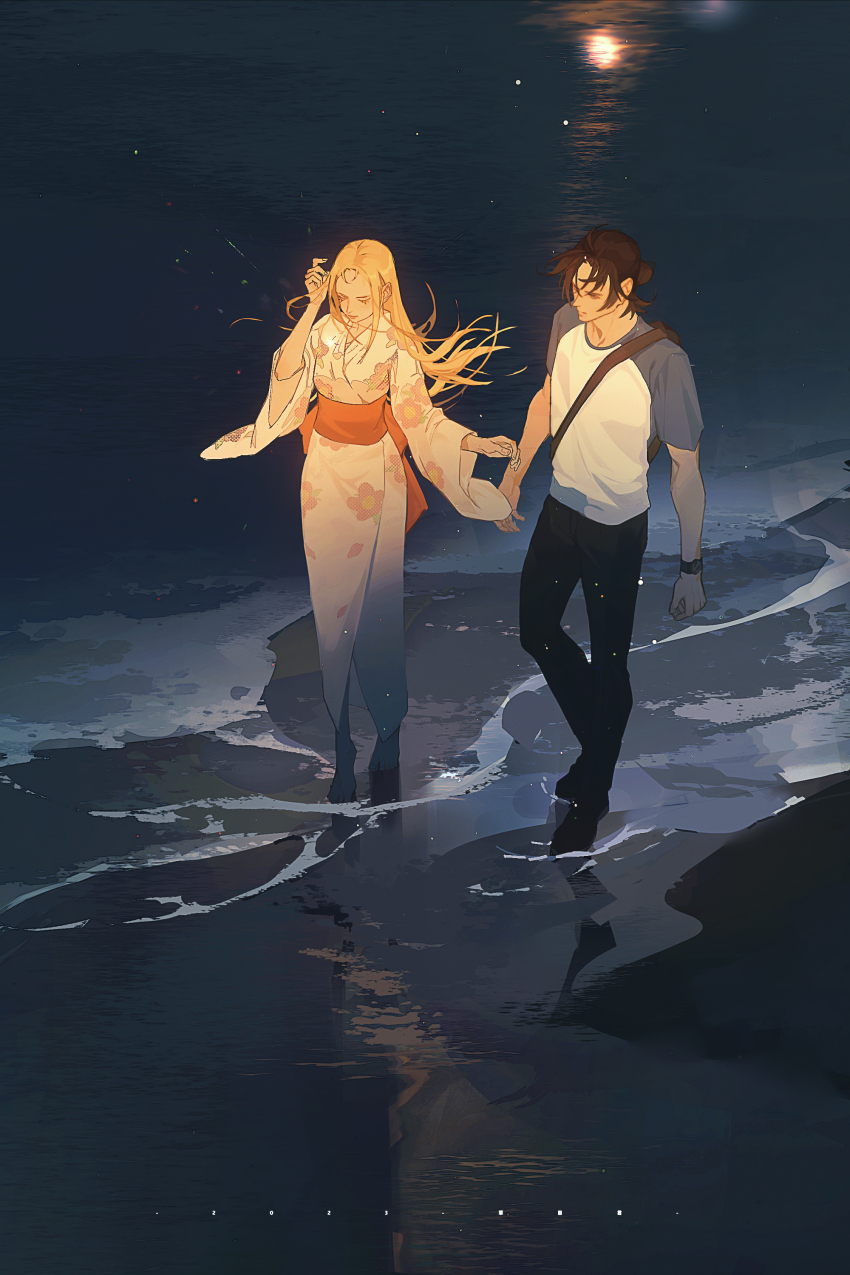1boy 1girl absurdres ajiro_shinpei backpack bag barefoot beach black_bag black_footwear black_hair black_pants blonde_hair blue_shirt floral_print floral_print_kimono full_body highres japanese_clothes kimono kofune_ushio long_hair night obi pants parted_bangs print_kimono reflection reflective_water sash shirt summertime_render t-shirt two-tone_shirt watch waves white_kimono white_shirt wide_sleeves wristwatch zm-panda-