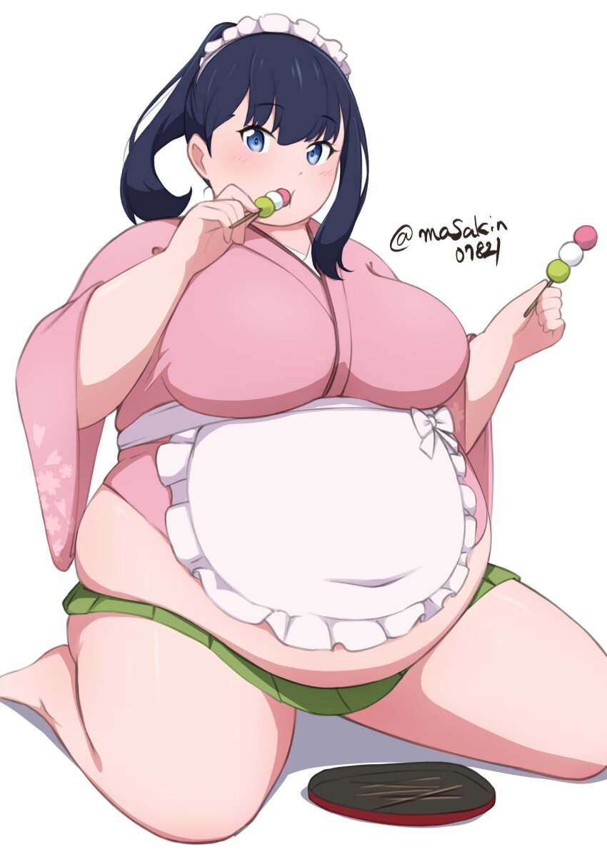 1girl apron black_hair blue_eyes breasts covered_navel dango eating fat fat_woman food frilled_hairband frills gridman_universe hairband highres holding holding_food japanese_clothes kimono large_breasts maid_headdress masakin medium_hair midriff mitarashi_dango obese ponytail sitting skewer skirt solo ssss.gridman takarada_rikka tight_clothes tray wagashi wariza white_background white_hairband