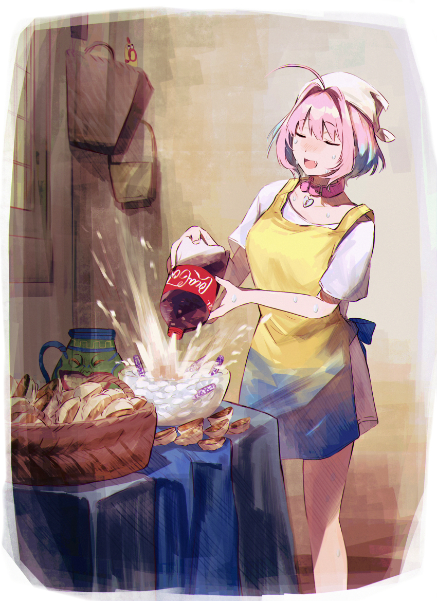 1girl absurdres ahoge apron basket blue_hair bottle bowl closed_eyes coca-cola collar diet_coke_and_mentos_(meme) duel_monster dumpling fang fine_art_parody food hamachamu headscarf heart-shaped_lock highres holding holding_bottle idolmaster idolmaster_cinderella_girls indoors jiaozi meme mentos multicolored_hair open_mouth parody pink_hair pot_of_greed rubber_chicken shirt short_hair short_sleeves soda soda_bottle solo standing sweat the_milkmaid two-tone_hair white_shirt window yu-gi-oh! yumemi_riamu