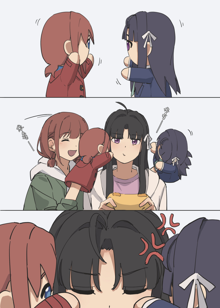 2girls absurdres ahoge anger_vein awa_subaru black_hair blue_jacket brown_hair character_doll closed_eyes commentary controller fafayu game_controller girls_band_cry hair_intakes hair_ribbon hand_puppet highres holding holding_controller holding_game_controller hood hood_down hoodie iseri_nina jacket long_hair low_twintails multiple_girls open_clothes open_jacket parted_bangs pout puppet purple_eyes purple_shirt ribbon shirt short_hair short_twintails sidelocks symbol-only_commentary twintails white_hoodie white_jacket white_ribbon