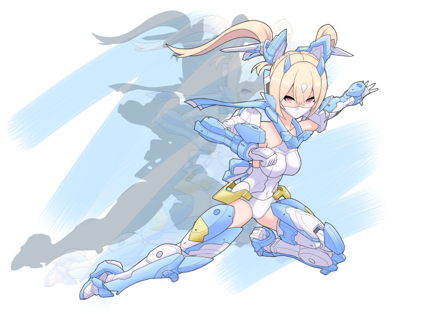 1girl absurdres asura_ninja blonde_hair boots breasts full_body gloves headgear highres leotard long_hair mask mecha_musume medium_breasts megami_device mouth_mask ryuseiryui solo twintails variant_set white_leotard