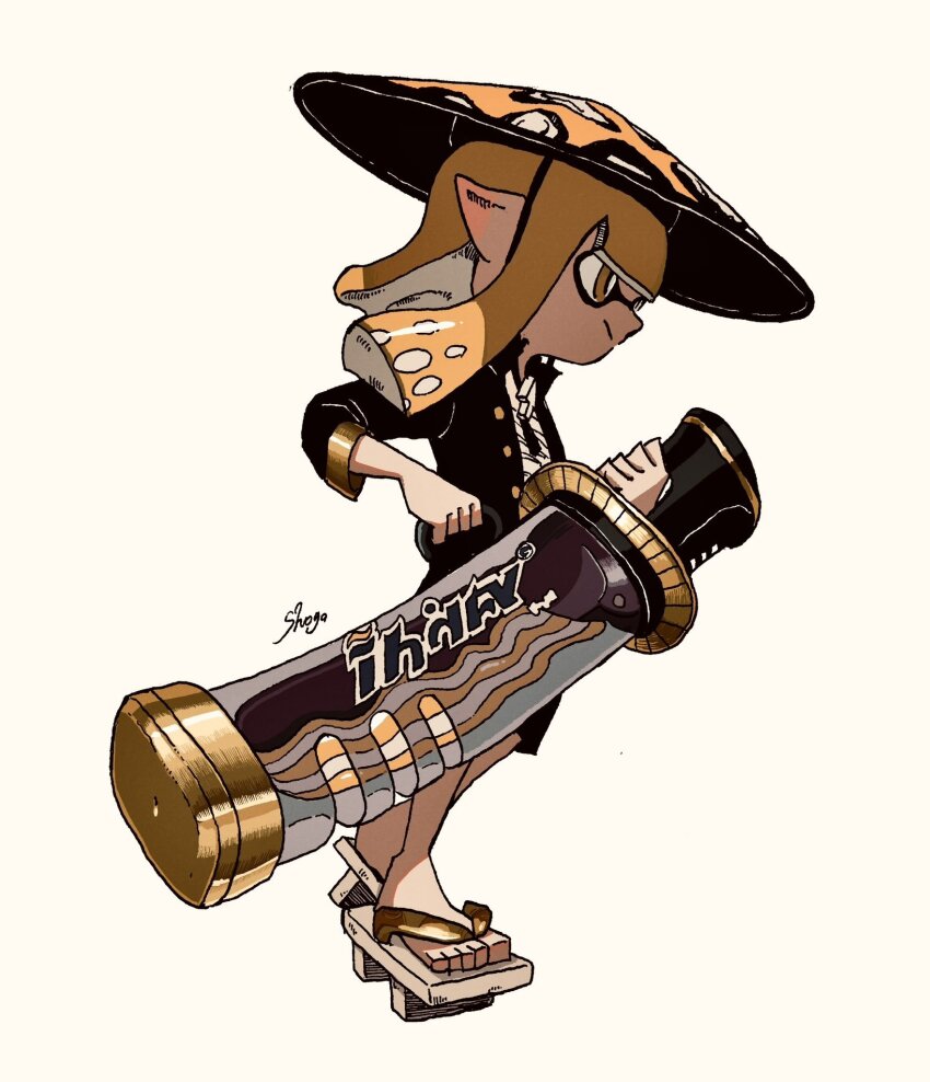 1girl artist_name black_jacket blonde_hair blunt_bangs blunt_ends closed_mouth commentary_request decavitator_(splatoon) from_side full_body geta hat highres holding holding_weapon inkling inkling_girl inkling_player_character jacket jingasa long_hair nintendo no_socks open_clothes open_jacket pointy_ears shirt shogo_(shogo70449442) simple_background solo splatoon_(series) splatoon_3 standing tentacle_hair weapon white_background white_shirt yellow_eyes yellow_hat