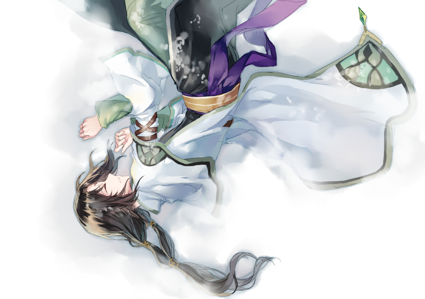 1boy black_hair closed_eyes commentary_request facial_mark fire_emblem fire_emblem:_radiant_dawn forehead_mark highres jnsghsi long_hair lying male_focus nintendo official_alternate_costume on_side profile snow solo soren_(fire_emblem) soren_(radiant_confidant)_(fire_emblem)