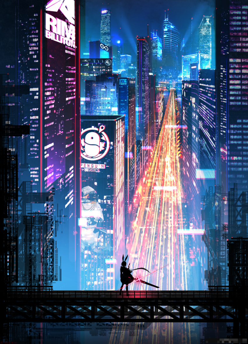 1boy 1girl amiya_(arknights) amiya_(guard)_(arknights) animal_ears arknights armor beacon beanie bird building catwalk_(walkway) chain check_commentary city city_lights cityscape claws coat commentary commentary_request cyberpunk emperor_(arknights) emperor_penguin flippers from_behind glowing glowing_sword glowing_weapon gold_chain hat highres holding holding_sword holding_weapon light_beam lights mimi_mimimi multi-lane_road neon_lights night outdoors penguin penguin_logistics_logo rabbit_ears rabbit_girl radio_tower reunion_logo_(arknights) rhine_lab_logo rhodes_island_logo_(arknights) rim_billiton_logo road scaffolding scenery shirt short_hair_with_long_locks sidelocks silhouette sky skyline skyscraper standing sunglasses sword traffic very_wide_shot weapon white_headwear white_shirt