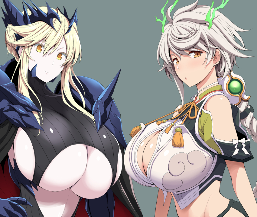 2girls artoria_pendragon_(fate) artoria_pendragon_(lancer_alter)_(fate) blonde_hair braid braided_ponytail breasts cape cleavage cleavage_cutout clothing_cutout crossover fate/grand_order fate_(series) grey_background huge_breasts kantai_collection kawasumi_ayako kloah long_hair looking_at_viewer multiple_girls single_braid trait_connection unryuu_(kancolle) voice_actor_connection white_hair yellow_eyes