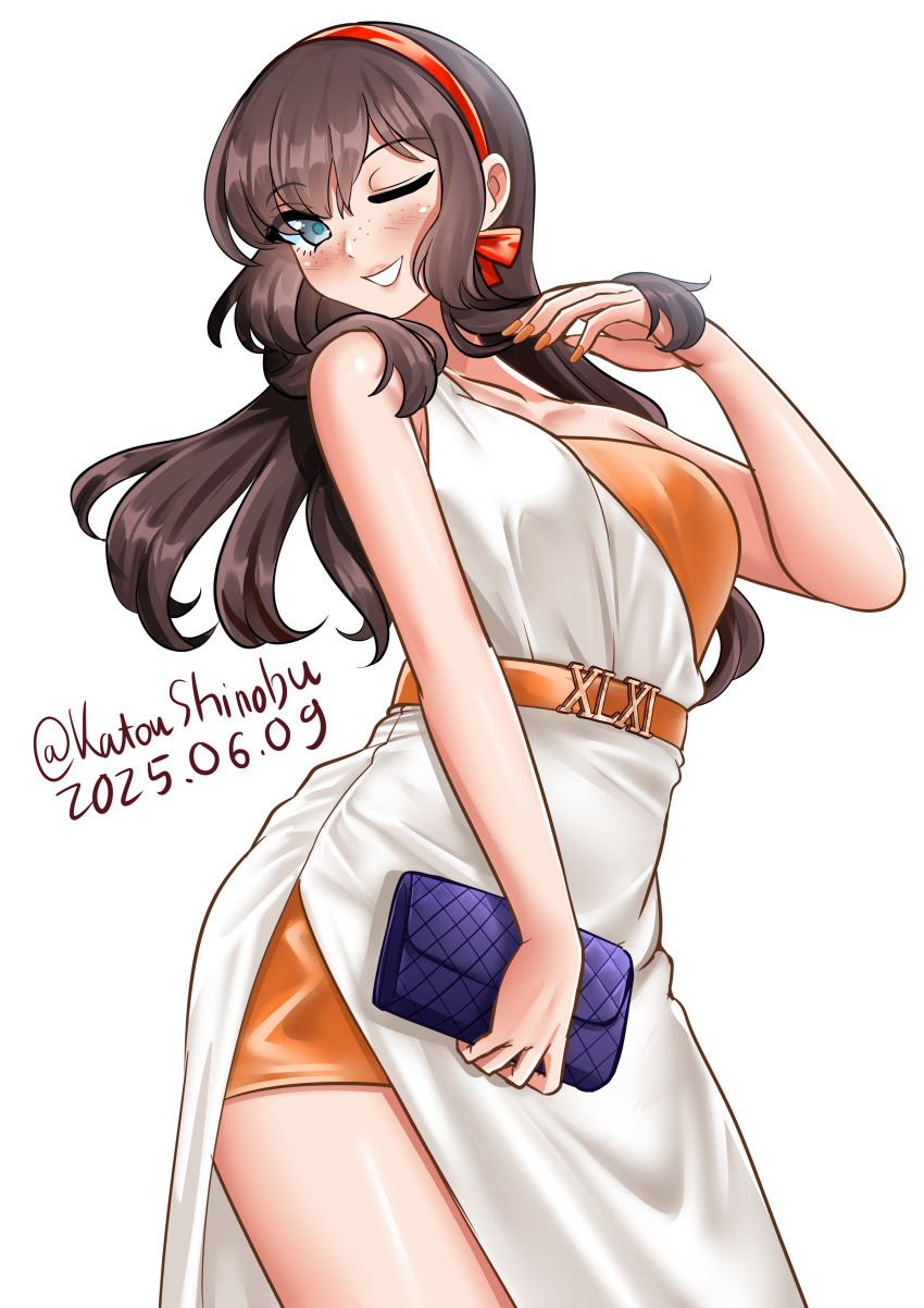 1girl absurdres artist_name blush brown_hair commentary cowboy_shot dated dress english_commentary freckles hairband highres kantai_collection katou_shinobu long_hair looking_at_viewer mogador_(anniversary)_(kancolle) mogador_(kancolle) official_alternate_costume one-hour_drawing_challenge open_mouth orange_hairband orange_ribbon ribbon roman_numeral sidelocks simple_background single-shoulder_dress single_strap sleeveless smile solo twitter_username white_background white_dress