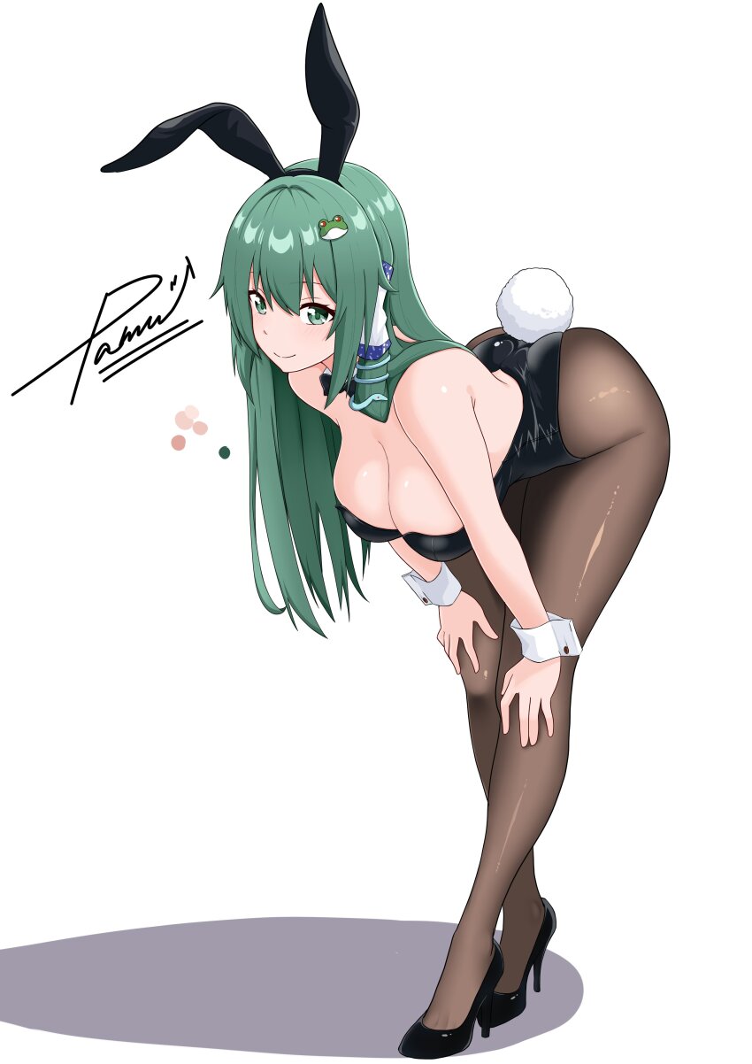 1girl absurdres animal_ear_hairband animal_ears ass bare_shoulders black_leotard black_pantyhose black_shoes blush bow bowtie breasts cleavage commentary_request covered_navel detached_collar detached_sleeves fake_animal_ears fake_tail fishnet_pantyhose fishnets full_body green_eyes green_hair hair_ornament hair_tubes hairband highleg highleg_leotard highres kochiya_sanae large_breasts leotard long_hair looking_at_viewer pamu_art pantyhose playboy_bunny rabbit_ear_hairband rabbit_ears rabbit_tail shadow shoes signature smile snake_hair_ornament solo strapless strapless_leotard tail touhou white_background white_wrist_cuffs wrist_cuffs
