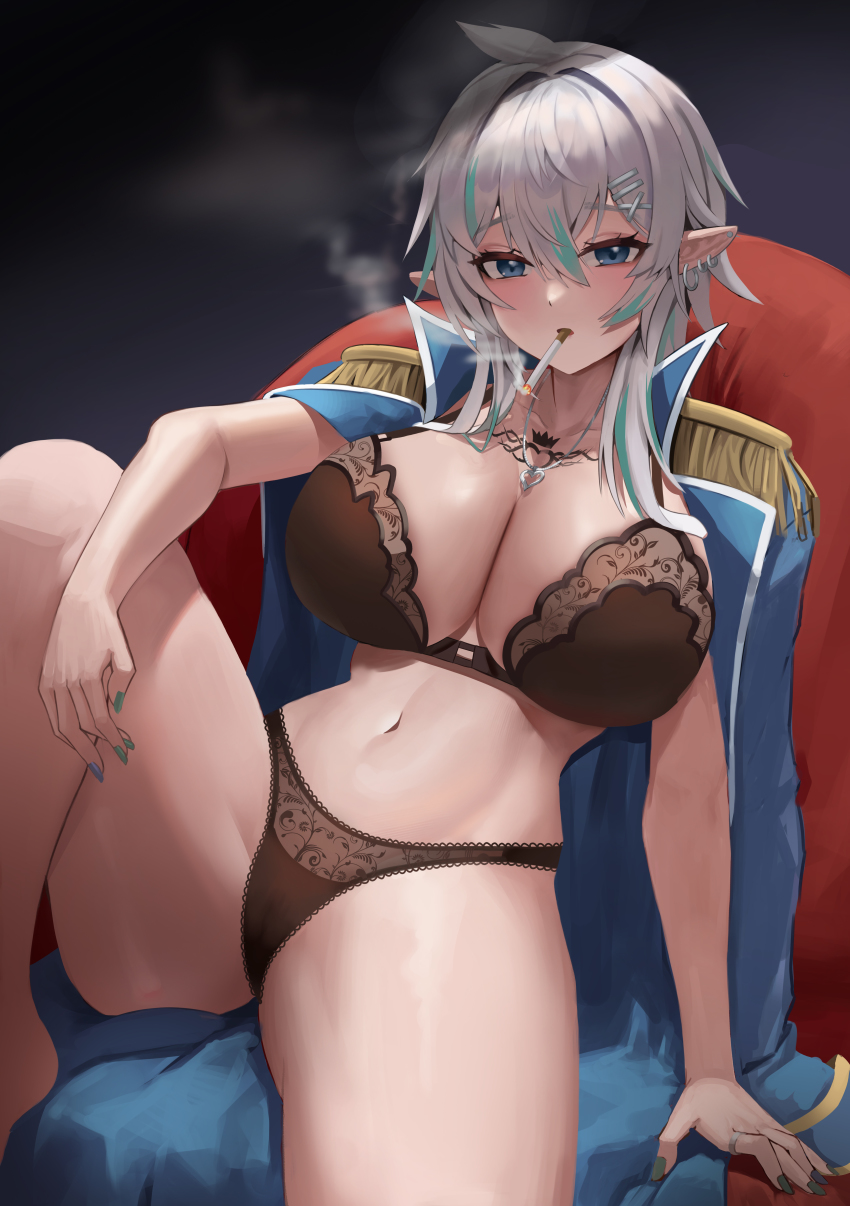 1girl absurdres ahoge arm_at_side black_bra black_panties blue_eyes blue_nails bra breasts chest_tattoo cleavage ear_piercing earrings elf epaulettes eyelashes fingernails green_nails hair_intakes hair_ornament hairclip heart heart_necklace highres jewelry lace lace-trimmed_bra lace-trimmed_panties lace_trim large_breasts long_fingernails makeup mascara midriff nail_polish navel necklace onedoo original panties piercing pointy_ears ring short_hair silver_hair sitting solo stomach stud_earrings tattoo underwear x_hair_ornament