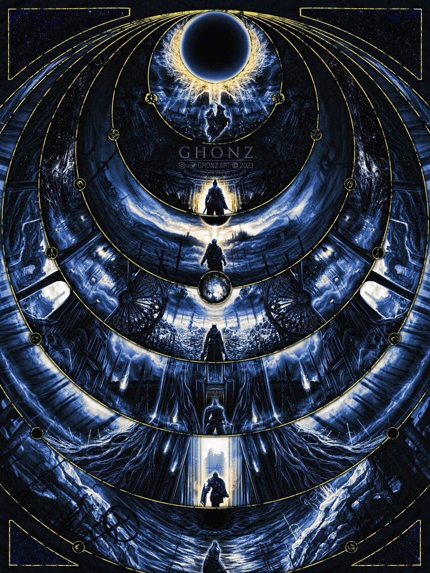 6+boys absurdres animal architecture armor artist_name ashen_one_(dark_souls) bearer_of_the_curse black_hair bloodborne bloody_wolf_(elden_ring) blue_background blue_theme bonnet border breastplate cape castle chosen_undead city cleaver clock clock_tower commentary copyright_notice covered_eyes dark_souls_(series) dark_souls_i dark_souls_ii dark_souls_iii darksign_(dark_souls) dated demon&#039;s_souls door eclipse elden_ring english_commentary erdtree_(elden_ring) fromsoftware full_armor full_moon fur_trim gauntlets ghonz_art giant_tree glowing glowing_tree greaves hakama hakama_pants hat helm helmet highres holding holding_cleaver holding_reins holding_shield holding_sword holding_weapon horizon horns horse horseback_riding hunter_(bloodborne) instagram_logo instagram_username japanese_armor japanese_clothes katana kimono knight lantern leather_armor long_hair long_sleeves moon multiple_boys ninja open_door pants pauldrons ponytail prosthesis prosthetic_arm reins riding saw saw_cleaver scabbard scarf sekiro sekiro:_shadows_die_twice sheath shield shoulder_armor shoulder_plates skull sky slayer_of_demons standing star_(sky) starry_sky sword tarnished_(elden_ring) the_old_one topknot torch torn_clothes torn_coat torrent_(elden_ring) tower tree tricorne twitter_logo twitter_username vambraces watermark weapon yellow_border yharnam
