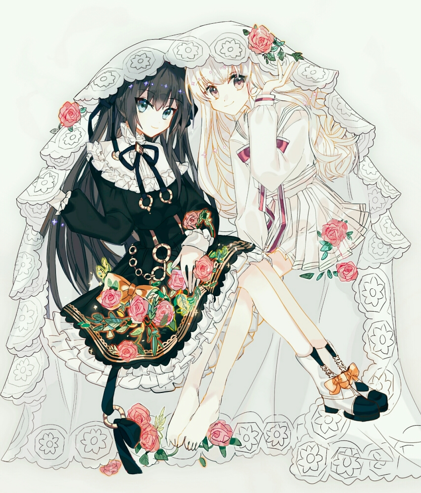 2girls arcaea bad_feet barefoot black_hair black_ribbon black_shirt black_skirt blue_eyes boots bow bowtie brown_eyes chain chinese_commentary closed_mouth commentary_request floral_print flower full_body gold_chain grey_background highres hikari_(arcaea) hikari_(zero)_(arcaea) long_hair long_sleeves looking_at_viewer multiple_girls neck_ribbon pink_flower pink_rose pleated_skirt print_skirt red_bow red_bowtie ribbon rose rose_print sailor_collar school_uniform serafuku shio_0585 shirt skirt smile tairitsu_(arcaea) tairitsu_(axium)_(arcaea) veil very_long_hair white_boots white_hair white_sailor_collar white_serafuku white_shirt white_skirt
