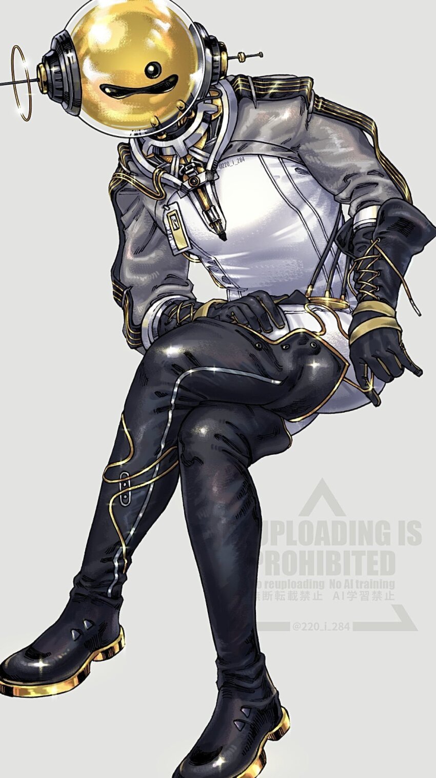 1boy black_boots black_gloves boots crossed_legs dutch_angle ferrofluid fishbowl_helmet full_body gloves hand_on_own_leg highres i_(220_i_284) id_card invisible_chair jumpsuit male_focus object_head reverse:1999 sitting solo thigh_boots ulrich_(reverse:1999) watermark white_background white_jumpsuit