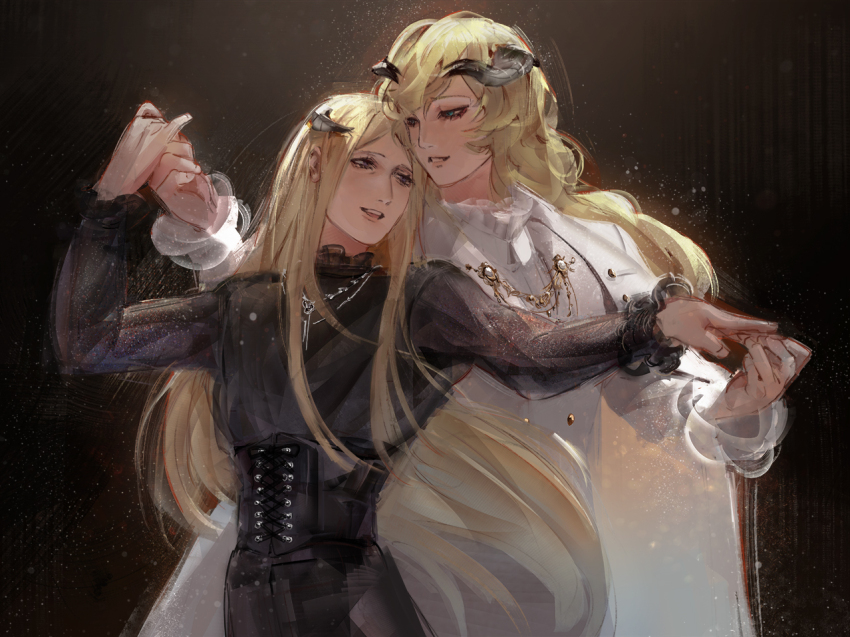 2boys androgynous aqua_eyes arm_up bishounen black_shirt blonde_hair brown_eyes cape collar commentary corset cowboy_shot dancing eye_contact eyelashes frilled_collar frilled_sleeves frills german_commentary holding_hands horns letsura1_(chocolate_orange) long_hair long_sleeves looking_at_another louis_(metaphor:_refantazio) male_focus metaphor:_refantazio more_(metaphor:_refantazio) multiple_boys parted_lips shirt smile upper_body very_long_hair vest waltz_(dance) wavy_hair white_cape white_shirt white_vest yaoi