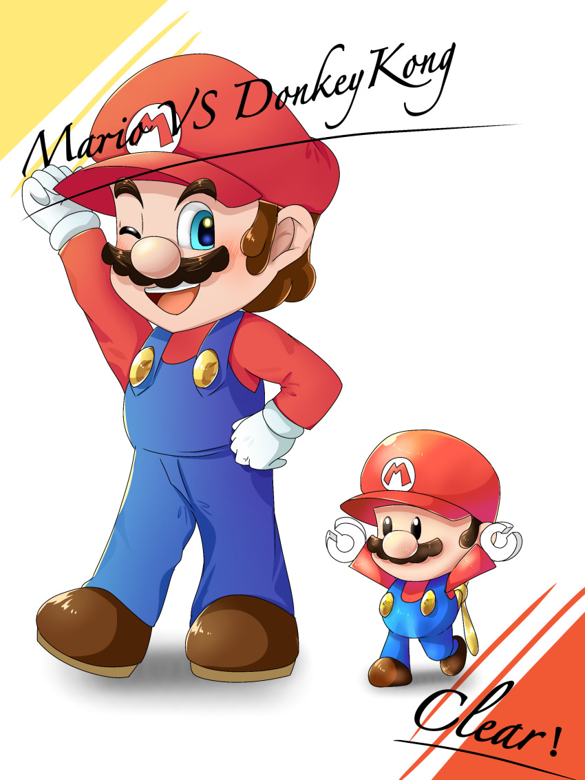 1boy absurdres artist_request brown_hair donkey_kong_(series) facial_hair full_body gloves grin hat highres looking_at_viewer mario mario_(series) mario_vs._donkey_kong mini_mario mustache nintendo one_eye_closed overalls smile source_request walking wink