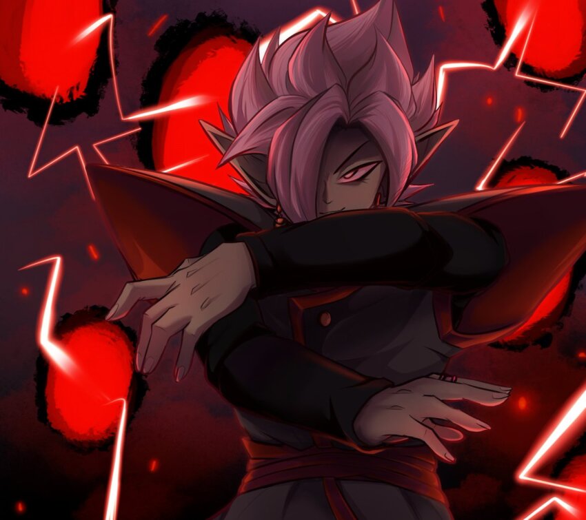 1boy black_bodysuit bodysuit colored_skin dragon_ball dragon_ball_super earrings fused_zamasu green_skin grey_eyes imminent_attack izabowl jewelry long_sleeves looking_at_viewer pointy_ears potara_earrings red_sash ring sash smile solo spiked_hair white_hair