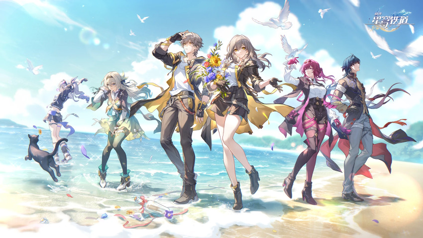 2boys 4girls arms_behind_head bandaged_leg bandages beach bird black_bow black_cat black_choker black_gloves black_hair black_hairband black_jacket black_shorts blade_(honkai:_star_rail) blonde_hair blue_eyes blue_sky boots bouquet bow caelus_(honkai:_star_rail) cat chewing_gum chinese_clothes choker closed_mouth collared_shirt covering_face crossed_bangs crossed_legs drill_hair drill_ponytail dual_persona eyewear_on_head fingerless_gloves firefly_(honkai:_star_rail) fishnets flower full_body fur-trimmed_jacket fur_trim glasses gloves goggles goggles_on_head green_skirt green_thighhighs grey_eyes grey_hair grey_pants hair_between_eyes hair_bow hair_ornament hairband hand_in_own_hair hand_on_own_hip hand_up high-waist_shorts highres holding holding_bouquet honkai:_star_rail honkai_(series) jacket kafka_(honkai:_star_rail) long_hair looking_ahead midriff multicolored_eyes multiple_boys multiple_girls navel neckerchief official_art open_clothes open_jacket orange_eyes outdoors pants pantyhose pantyhose_under_shorts pince-nez purple-tinted_eyewear purple_bow purple_eyes purple_hair purple_jacket purple_pantyhose red_eyes round_eyewear shirt short_shorts shorts silver_wolf_(honkai:_star_rail) skirt sky smile spider_web_print standing stelle_(honkai:_star_rail) sunglasses thigh_boots thighhighs tinted_eyewear trailblazer_(honkai:_star_rail) two-tone_eyes white_hair white_shirt yellow_eyes yellow_neckerchief