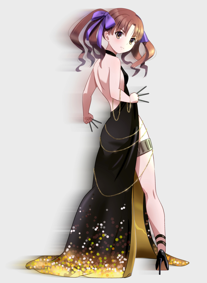 backless_dress backless_outfit bb_(fate) bb_dubai_(fate) bb_dubai_(fate)_(cosplay) black_dress black_footwear blackminolith_(2ne) bow breasts brown_eyes brown_hair closed_mouth cocktail_dress commentary commission cosplay dress english_commentary gradient_clothes gradient_dress high_heels highres holding holding_needle holster long_hair looking_at_viewer looking_back needle pixiv_commission purple_bow shirai_kuroko simple_background small_breasts solo thigh_holster throwing_needles toaru_kagaku_no_railgun toaru_majutsu_no_index twintails