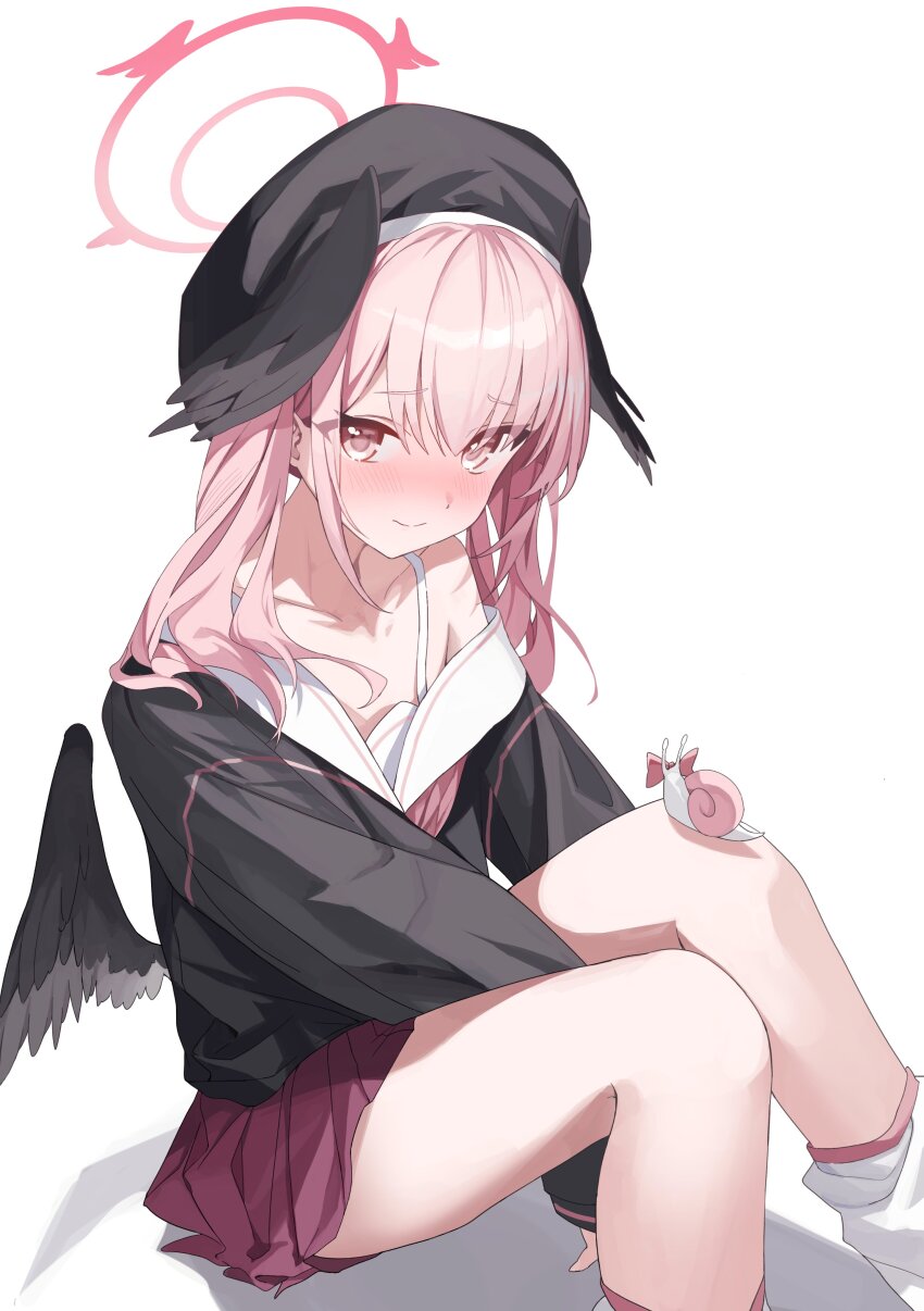 1girl absurdres black_serafuku blue_archive halo highres koharu_(blue_archive) long_hair looking_at_viewer nagul off_shoulder pink_eyes school_uniform serafuku simple_background solo thighs twintails white_background