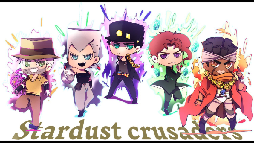 3boys 418monami aura beard black_hair chain cherry_earrings chibi cloak coat dark-skinned_male dark_skin earrings facial_hair fedora fire food-themed_earrings food_themed_earrings gakuran gem gloves green_eyes green_gemstone grin hat hermit_purple jean_pierre_polnareff jewelry jitome jojo_no_kimyou_na_bouken joseph_joestar joseph_joestar_(old) kakyoin_noriaki kuujou_joutarou male_focus mohammed_avdol multiple_boys necklace old old_man plant purple_eyes rapier red_coat school_uniform smile stand_(jojo) stardust_crusaders sword thorns vines weapon