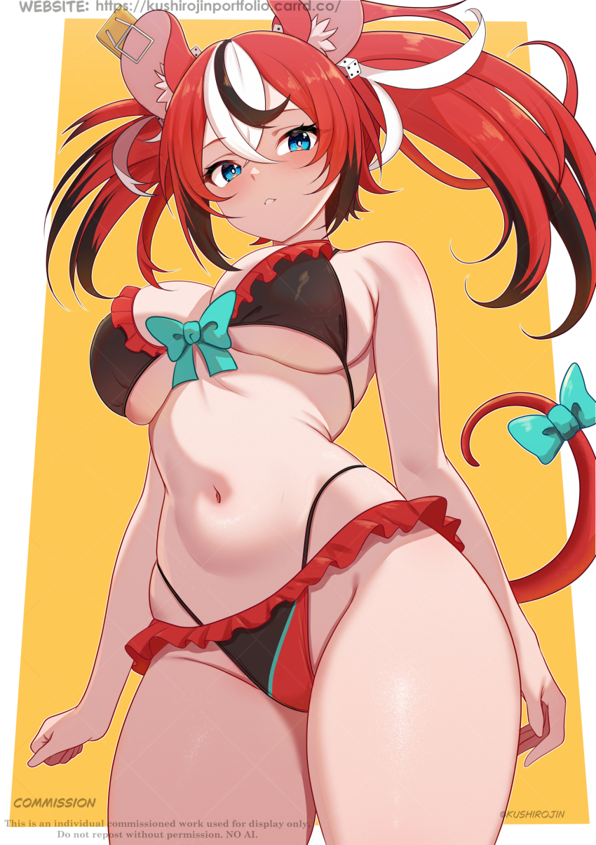 1girl alternate_breast_size_(larger) alternate_costume animal_ears aqua_bow artist_name bikini bikini_skirt black_bikini black_hair blue_eyes blush border bow bow_bikini breasts commentary cowboy_shot dice_hair_ornament frilled_bikini frills groin hair_between_eyes hair_ornament hakos_baelz highleg highleg_bikini highres hololive hololive_english kushiro_jin large_breasts long_hair looking_at_viewer mouse_ears mouse_girl mouse_tail multicolored_hair navel parted_lips red_hair solo standing stomach streaked_hair swimsuit tail tail_bow tail_ornament twintails uneven_twintails virtual_youtuber white_border white_hair