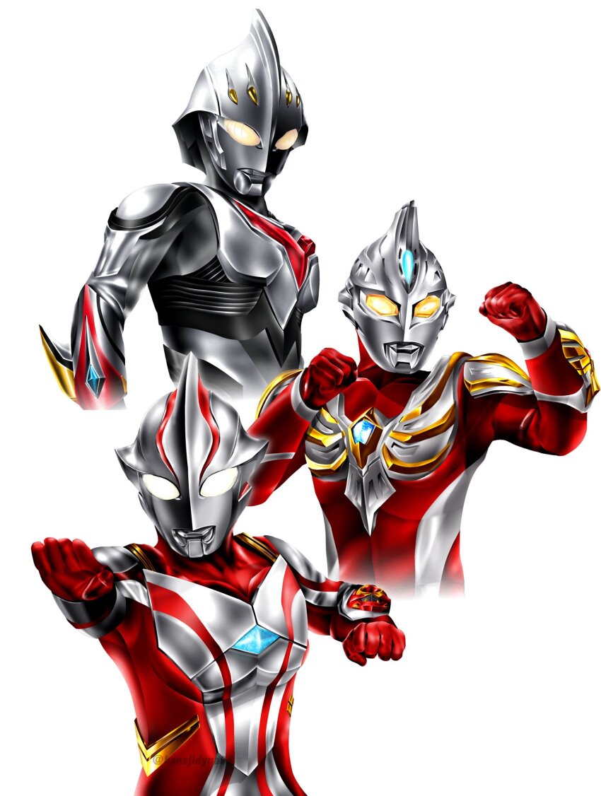 3boys alien arm_blade armor blue_gemstone breastplate clenched_hands collarbone color_timer colored_skin commentary compound_eyes cropped_torso dorsal_fin fighting_stance forehead_jewel gem glowing glowing_eyes grey_skin hands_up hanejidyna86 highres in-franchise_crossover looking_ahead looking_down male_focus max_spark mebius_brace multicolored_skin multiple_boys outstretched_arm pectorals red_skin shoulder_armor silver_skin simple_background tokusatsu ultra_series ultraman_max ultraman_max_(series) ultraman_mebius ultraman_mebius_(series) ultraman_nexus ultraman_nexus_(series) ultraman_nexus_anphans upper_body vambraces weapon white_background white_eyes wrinkled_skin yellow_eyes