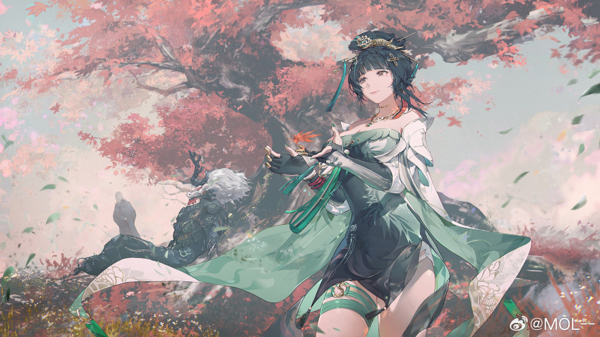 1girl 2others autumn_leaves blunt_bangs breasts brown_eyes chinese_clothes chinese_hairpin cleavage detached_sleeves dress floating floating_object gloves grass green_dress green_hair hair_ornament hair_stick hairpin hanying:_zitherwoe_(pgr) hanying_(pgr) highres horns jewelry large_breasts leaf light_smile long_hair maple_leaf mechabare mol-- mole mole_under_eye multiple_others necklace official_art on_grass outdoors partially_fingerless_gloves punishing:_gray_raven qilin_(mythology) standing strapless strapless_dress thigh_strap thighs tree variant_set watermark weibo_watermark white_hair