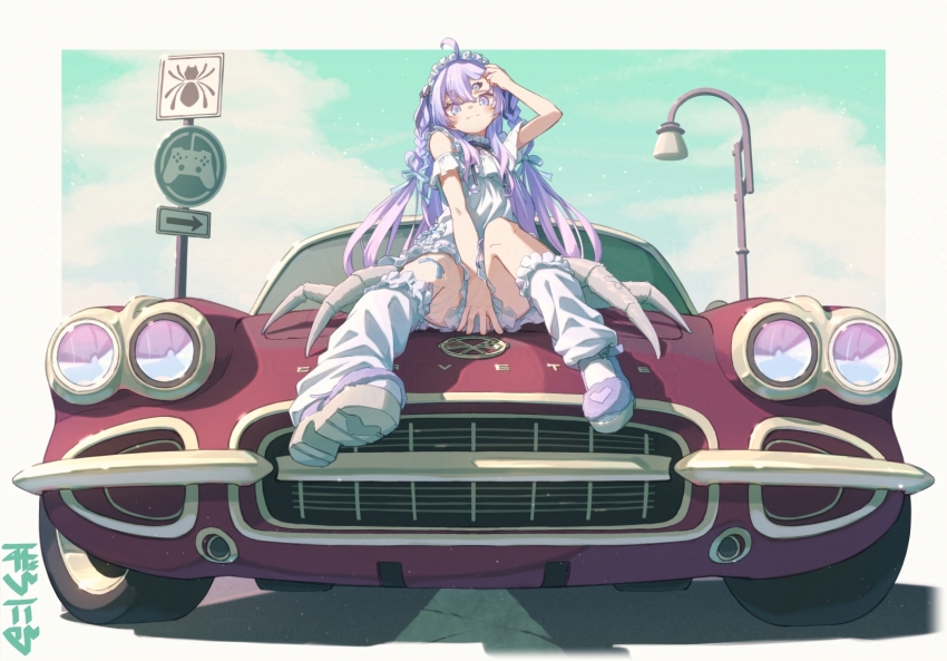 1girl amiya_aranha arm_up arthropod_girl arthropod_limbs bandaid bandaid_on_leg baronilu braid car chevrolet_corvette chevrolet_corvette_c1 clothing_cutout cloud cloudy_sky commission detached_sleeves dress extra_eyes frilled_hairband frills from_below full_body hair_lift hairband highres indie_virtual_youtuber insect_girl lamppost long_hair looking_at_viewer loose_socks motor_vehicle on_car outdoors purple_eyes purple_hair purple_shoes red_car shoes shoulder_cutout side_braids sitting sky socks solo spider_girl thighs virtual_youtuber white_dress white_socks