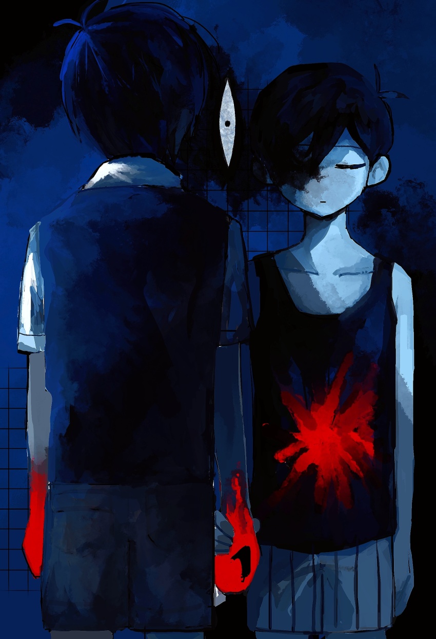 2boys absurdres antenna_hair black_hair black_sweater_vest black_tank_top closed_eyes collared_shirt colored_skin dual_persona highres male_focus multiple_boys omori omori_(omori) rou_(h_s_sinrin) shirt short_hair short_sleeves shorts something_(omori) spoilers striped_clothes striped_shorts sunny_(omori) sweater_vest tank_top vertical-striped_clothes vertical-striped_shorts white_shirt white_shorts white_skin