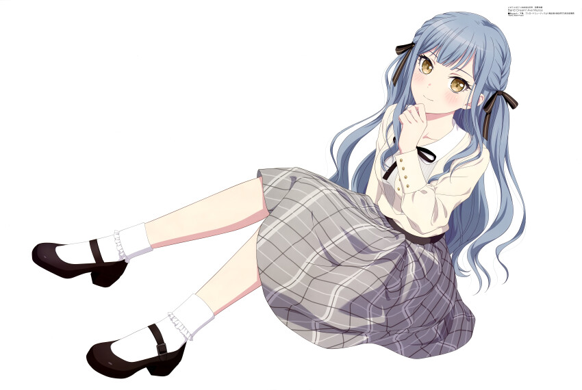 1girl absurdres artist_request bang_dream! bang_dream!_it&#039;s_mygo!!!!! black_ribbon black_shoes blue_hair blush closed_mouth collarbone copyright_name copyright_notice grey_skirt hair_ribbon hand_on_own_chin highres knees_up light_blush long_hair long_sidelocks looking_at_viewer looking_up magazine_scan megami_magazine official_art plaid_clothes plaid_skirt ribbon scan shoes sidelocks simple_background sitting skirt smile socks solo stroking_own_chin togawa_sakiko two_side_up white_background white_socks yellow_eyes