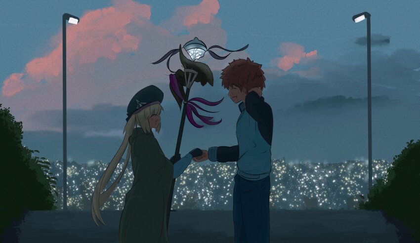 2boys artoria_caster_(fate) artoria_pendragon_(fate) asymmetrical_clothes asymmetrical_pants belt blue_belt blue_cape blue_cloak blue_headwear cape capelet cloak command_spell diamond_hairband emiya_shirou excalibur_(fate/stay_night) fate/grand_order fate/stay_night fate_(series) highres holding holding_staff igote marmyadose_(fate) multicolored_cape multicolored_capelet multiple_boys o-ring o-ring_belt orange_hair ornament red_hair shokobr single_pantsleg staff striped_belt sunrise takeuchi_takashi_(style)
