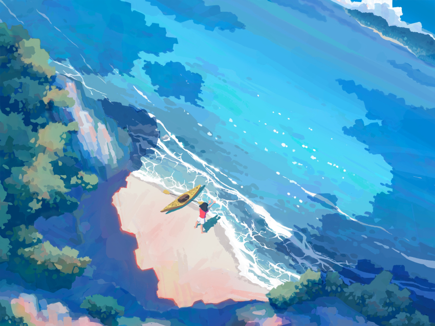 1girl black_hair bush canoe cloud day highres oar ocean okayuu original outdoors red_shirt sand scenery shadow shirt shorts solo water white_shorts