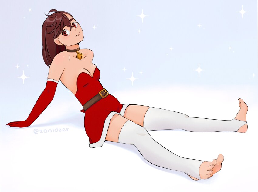 1girl absurdres ayase_momo barefoot bell belt box breasts brown_belt brown_eyes brown_hair choker christmas cleavage dandadan detached_sleeves dress earrings elbow_gloves feet full_body gloves highres jewelry looking_at_viewer on_floor red_dress red_gloves santa_costume short_dress signature simple_background sitting sleeveless sleeveless_dress smile solo sparkle spread_legs stirrup_legwear thighhighs toeless_legwear toenails toes white_thighhighs zanideer