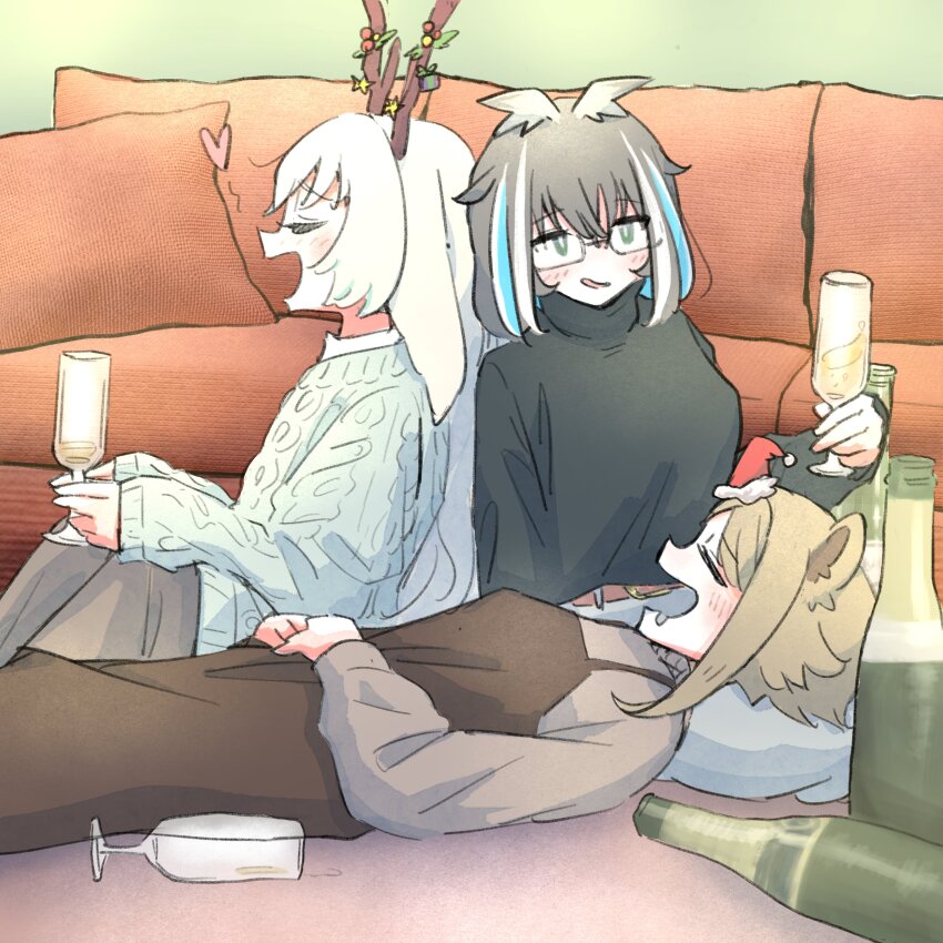3girls absurdres alcohol alternate_costume animal_ears antlers black-framed_eyewear black_hair black_shirt blue_hair blush brown_dress brown_hair brown_shirt champagne champagne_bottle champagne_flute closed_eyes couch cup deer_ears dress drinking_glass drunk feet_out_of_frame glasses grey_sweater hair_between_eyes hat heart highres horns konan_mia lap_pillow long_hair long_sleeves lying mini_hat mini_santa_hat multicolored_hair multiple_girls nanashi_inc. on_back on_floor open_mouth oura_rukako pinafore_dress santa_hat semi-rimless_eyewear shirt short_hair sitting sleeveless sleeveless_dress smile streaked_hair sweater tsukinoki_tirol turtleneck under-rim_eyewear virtual_youtuber white_hair xoo_(x)