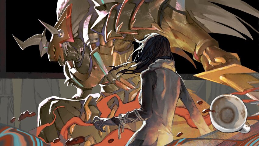 1boy 1girl anniversary armor black_hair bly_mead cowboy_shot digimon digimon_(creature) digimon_story:_cyber_sleuth dragon dress from_behind gaioumon highres holding holding_sword holding_weapon horns kamishiro_yuuko long_hair profile sword weapon white_dress white_hair yellow_eyes