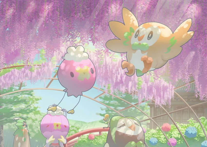 bellsprout black_eyes blue_flower closed_mouth commentary_request dartrix day decidueye drifblim drifloon flower gen_1_pokemon gen_4_pokemon gen_7_pokemon highres light_rays mokukitusui nintendo no_humans outdoors pink_flower pokemon pokemon_(creature) rowlet sky smile solid_oval_eyes tree