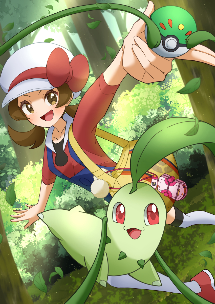 1girl :d absurdres blue_overalls bow brown_eyes brown_hair bush chikorita commentary_request falling_leaves forest friend_ball gen_2_pokemon grass hat hat_bow highres holding holding_poke_ball leaf looking_at_viewer lyra_(pokemon) nature newsboy_cap nintendo open_mouth overalls poke_ball pokemon pokemon_(creature) pokemon_hgss red_bow red_shirt refisa shirt smile tree twintails vine_whip white_hat